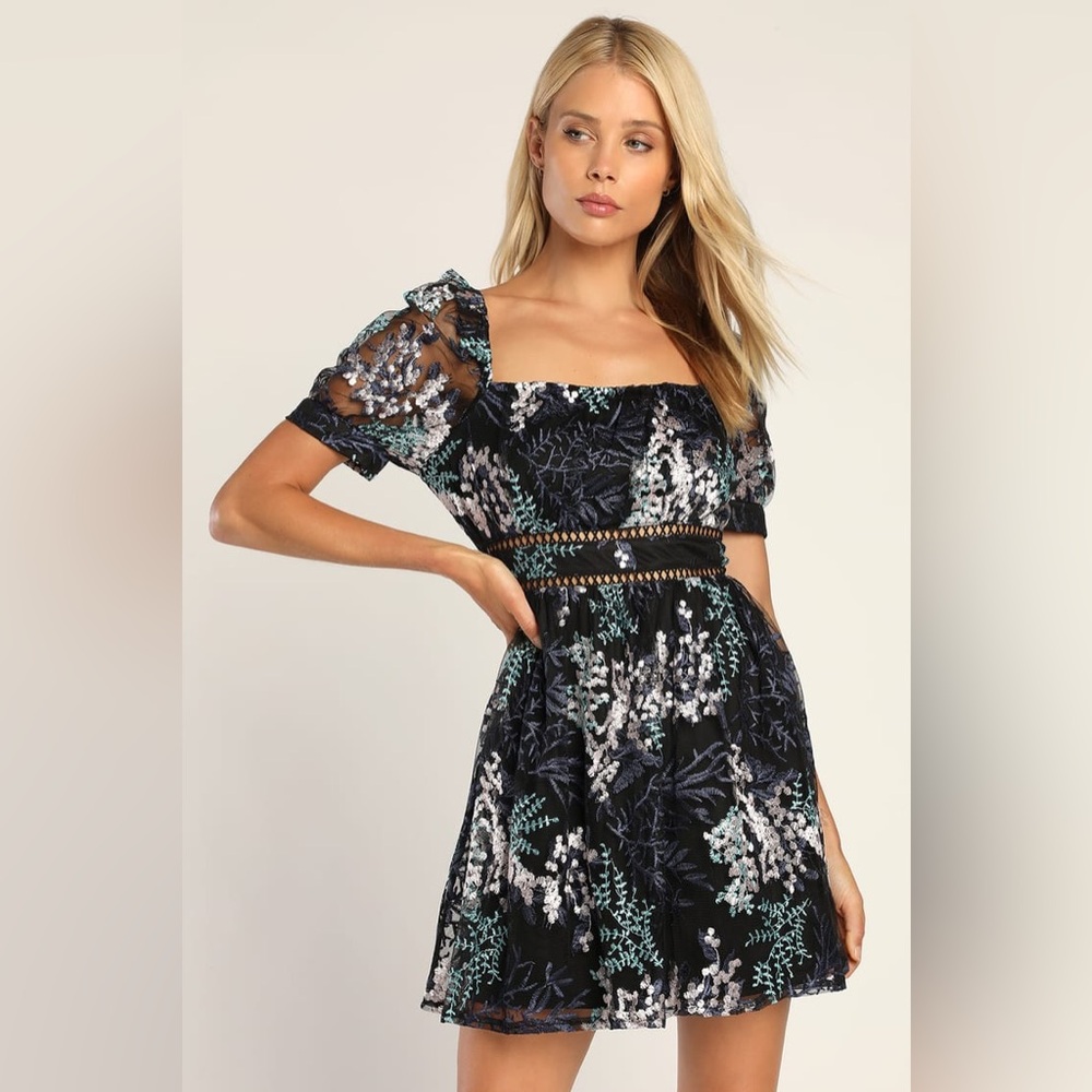 Lulus Radiant Love Black Multi Embroidered Short Sleeve Skater Dress